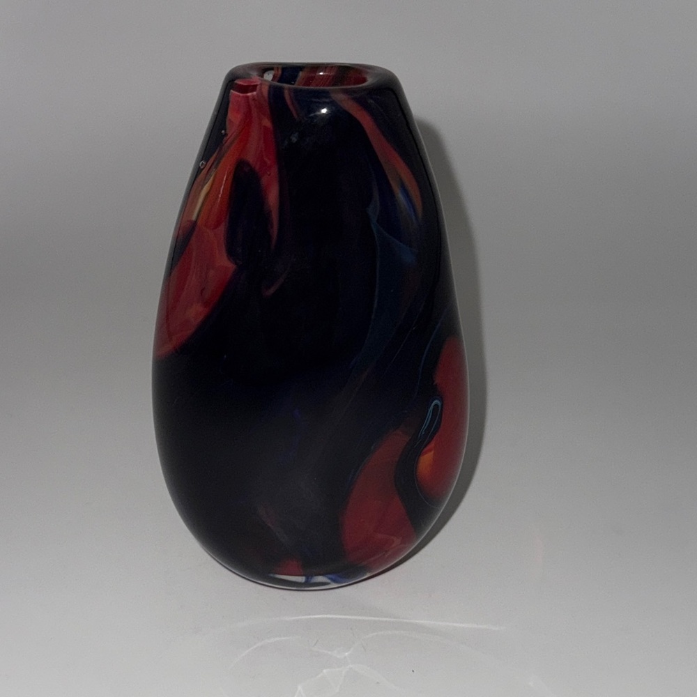 Hand Blown Heavy Ovoid Shaped Glass Vase Vibrant Red Blue Violet Black Swirl